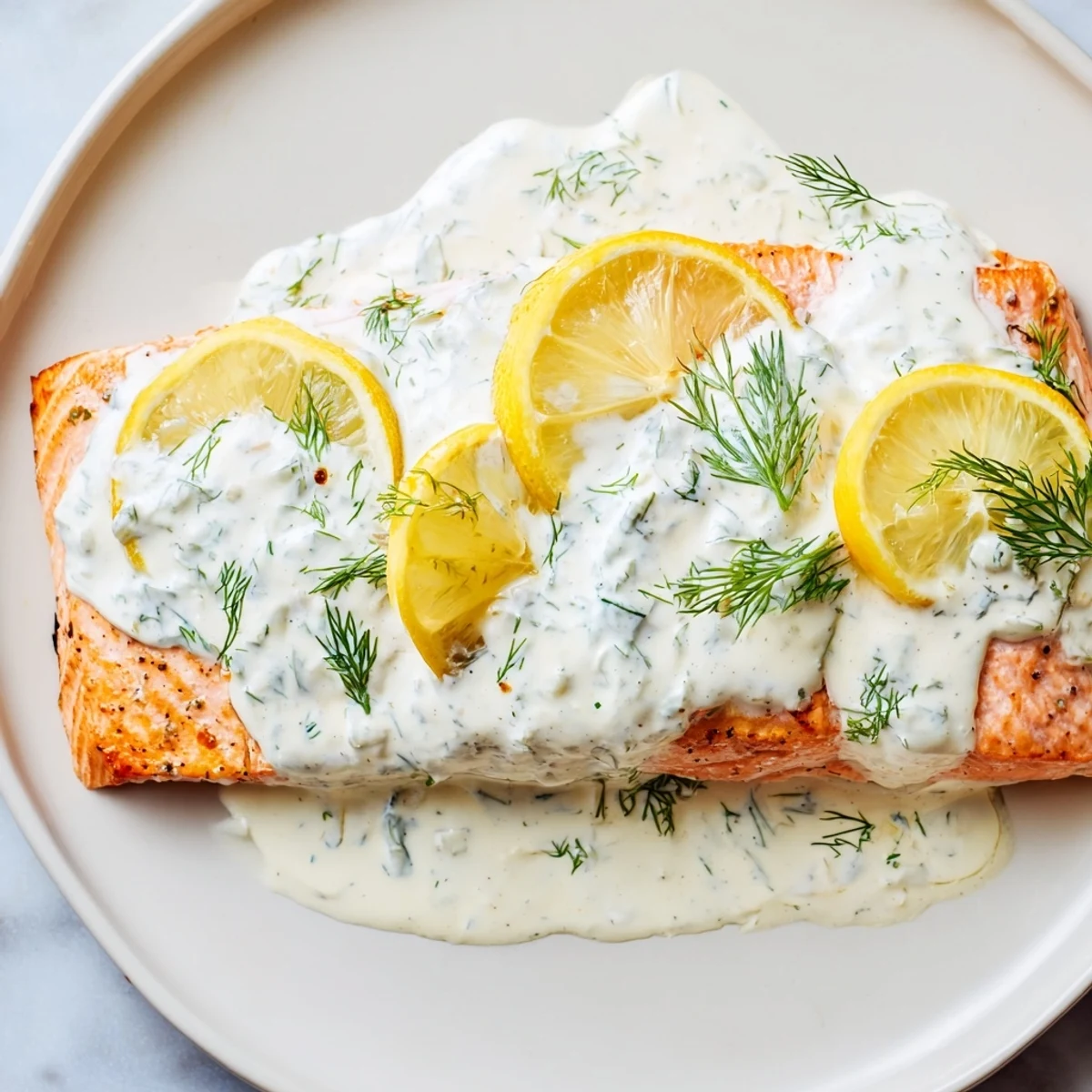 Golden-brown baked salmon, glistening with lemon slices, ready to be served with fresh dill sauce.