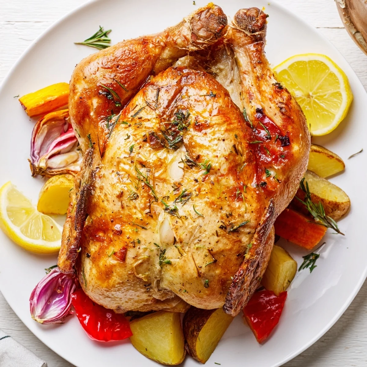 Golden-brown Lemon Garlic Roasted Chicken, juicy and flavorful, ready to serve with crispy roasted vegetables.