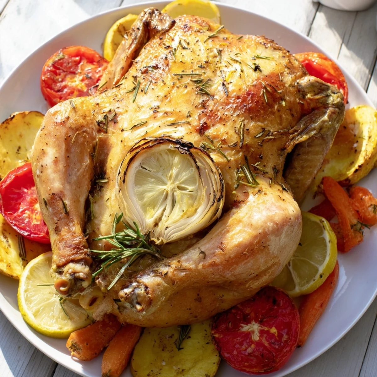Aromatic Lemon Garlic Roasted Chicken, perfectly roasted, with tender, falling-off-the-bone meat, and bright lemon.
