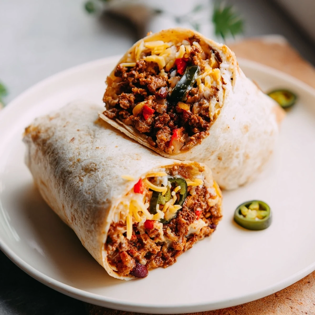 Steaming Beef and Bean Burritos, packed with savory ground beef and melted cheese, ready to be enjoyed.