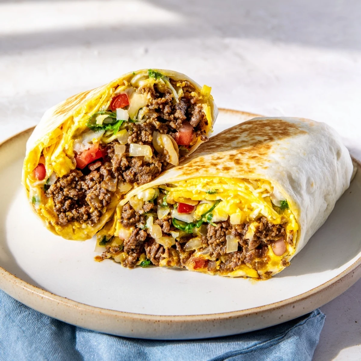 A close-up of a Beef and Bean Burrito, perfectly wrapped and hinting at delicious, meaty flavors.