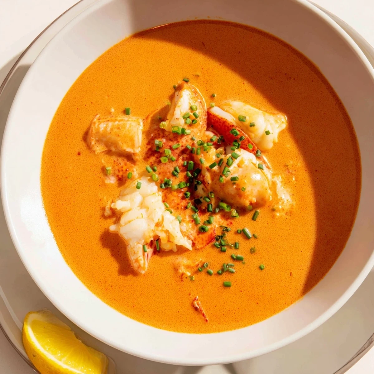 A steaming bowl of creamy lobster bisque, garnished with fresh chives and lemon.