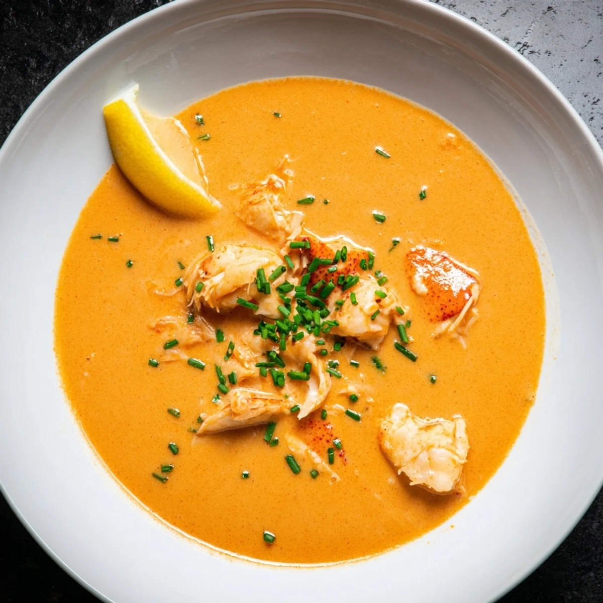 Velvety smooth creamy lobster bisque, a luxurious soup with tender lobster chunks.