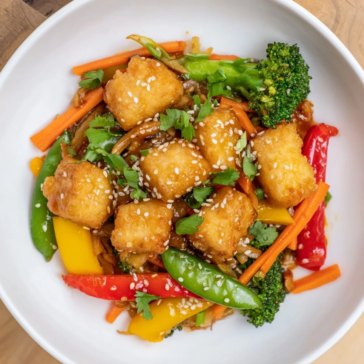 Golden-brown Crispy Tofu Stir Fry with colorful vegetables, a quick and delicious vegan dinner.