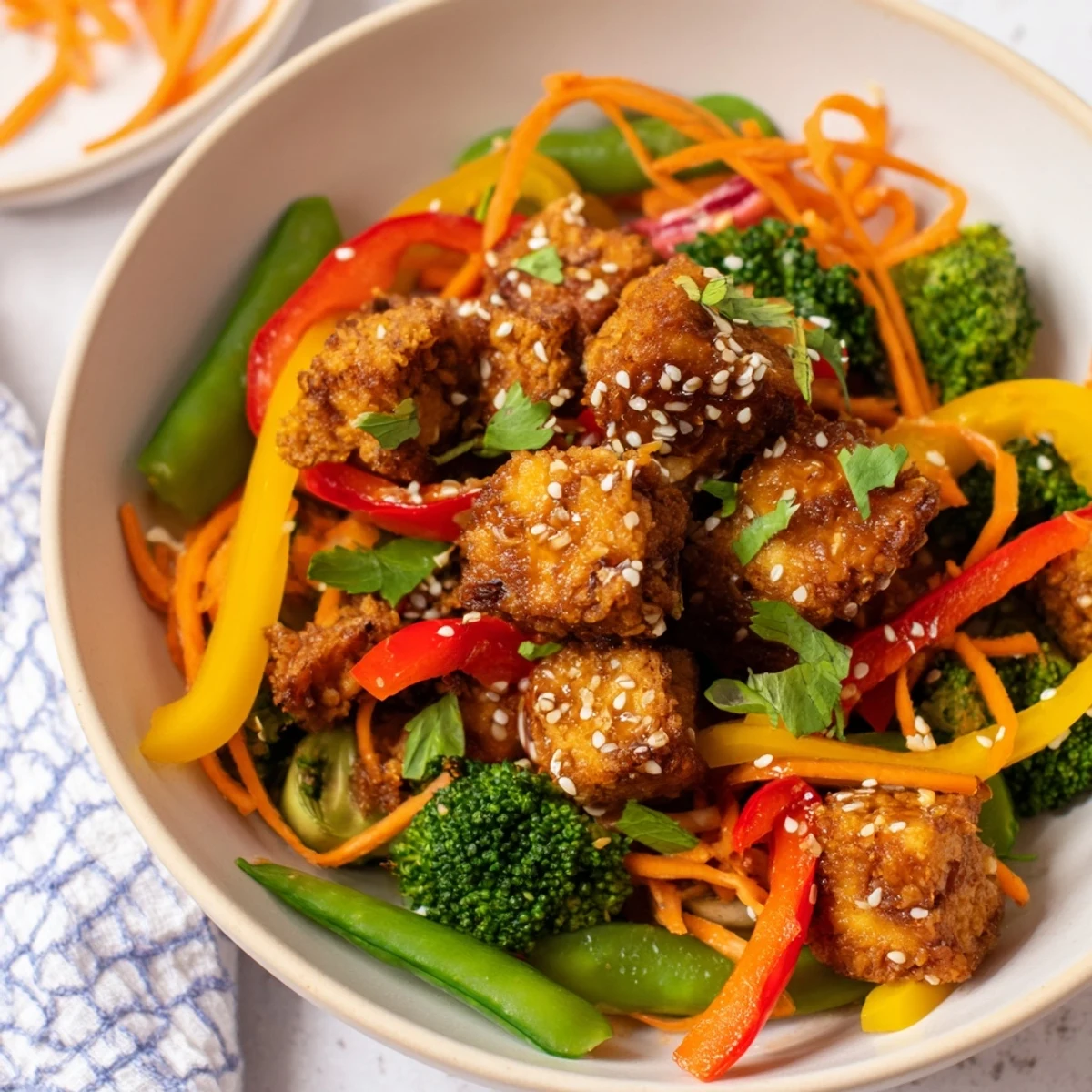 Savory and satisfying: a close-up of Crispy Tofu Stir Fry with visible sesame seeds on top.