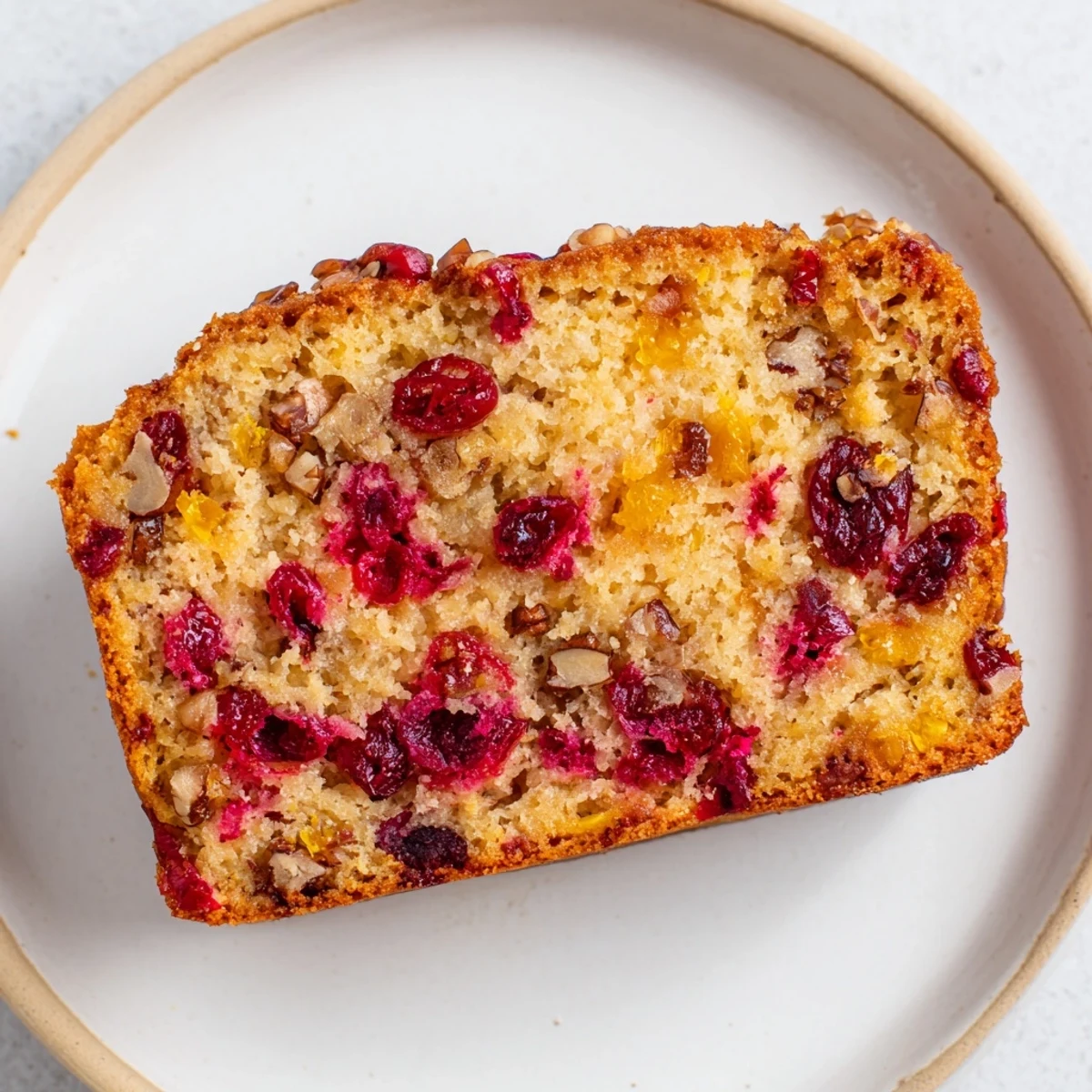 A close-up of a slice of Cranberry Walnut Bread, showcasing the moist interior and delightful texture.