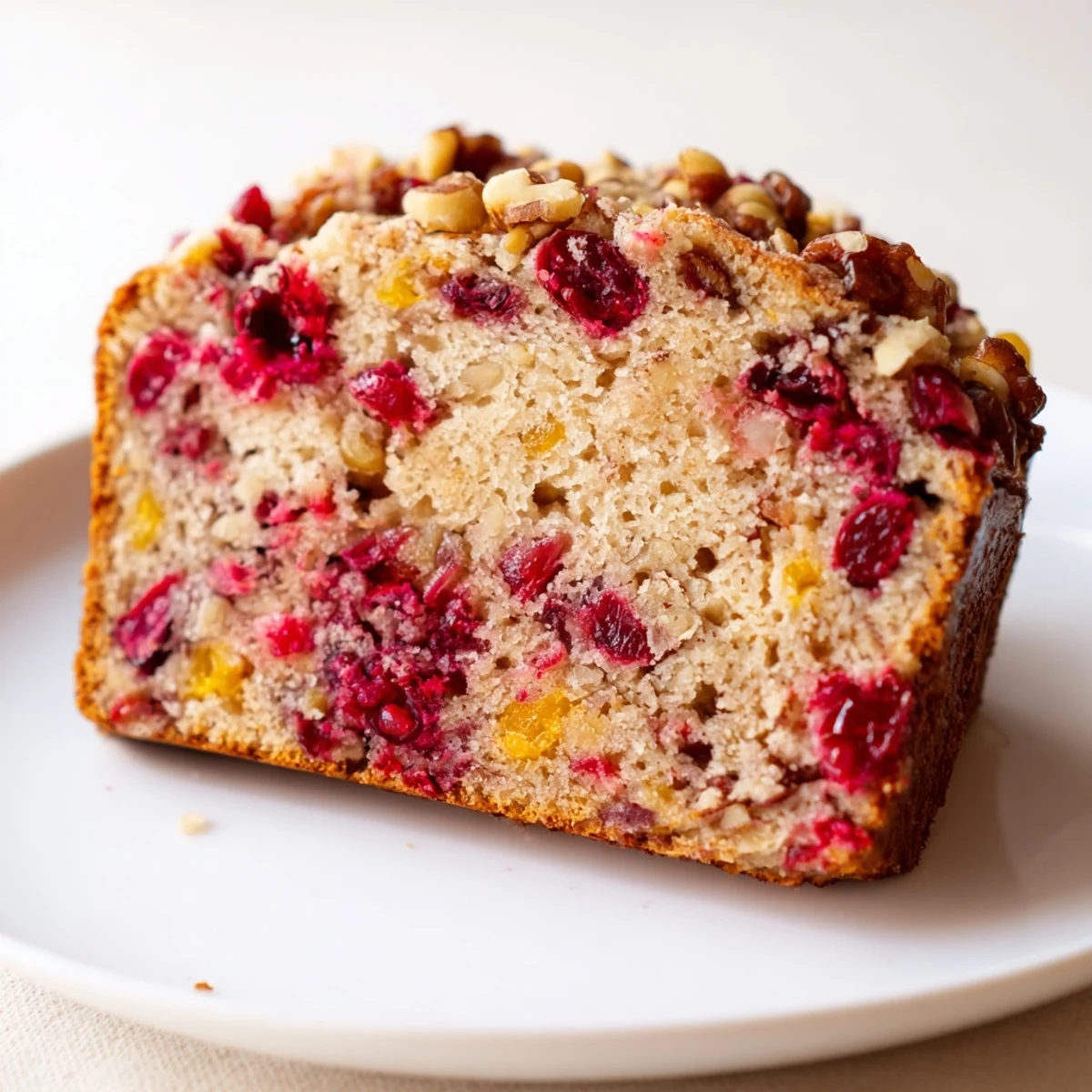 Freshly baked Cranberry Walnut Bread, golden brown with visible cranberries and a tempting walnut topping.