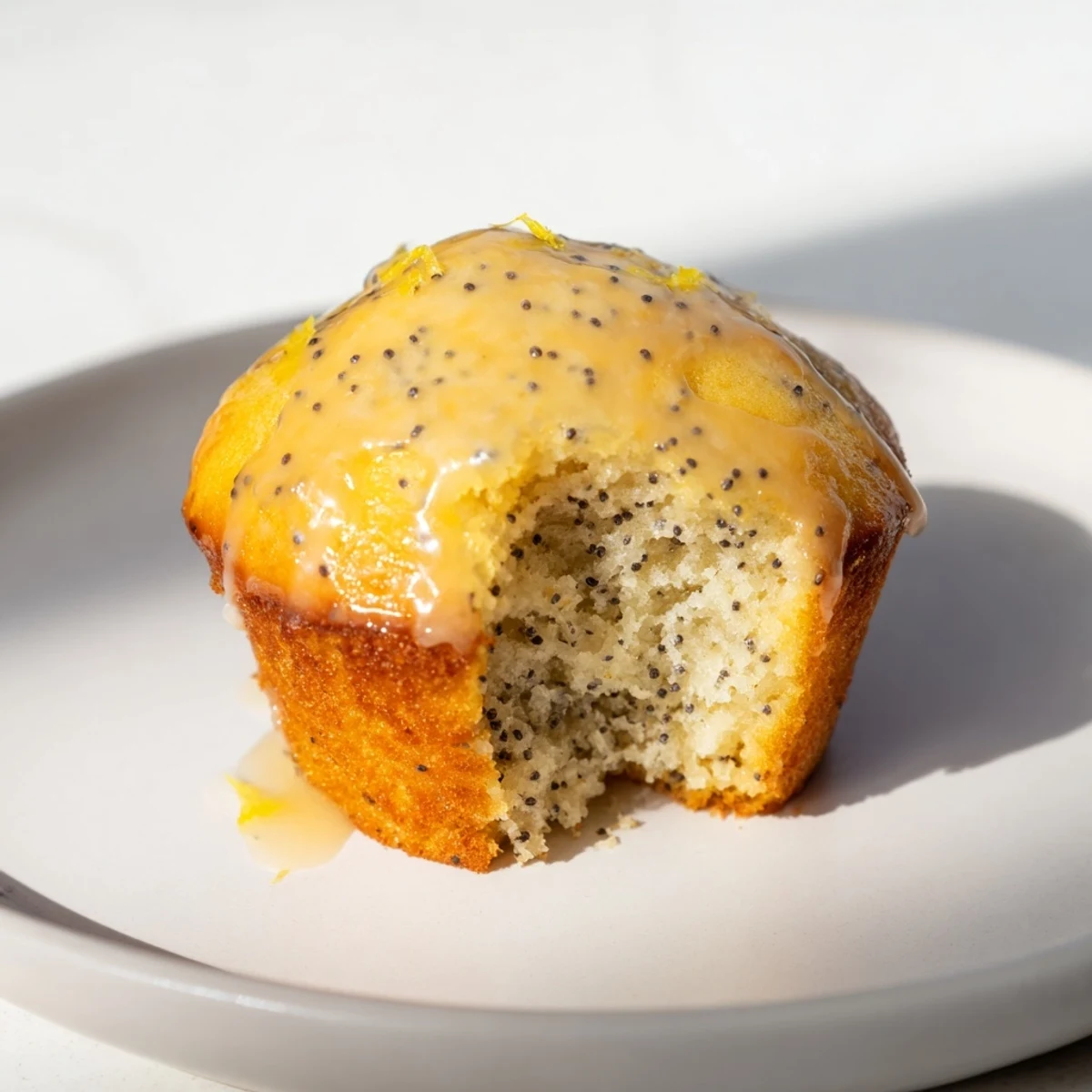 Fluffy, homemade lemon poppy seed muffins, with a gentle crumb, perfect for a quick breakfast treat.