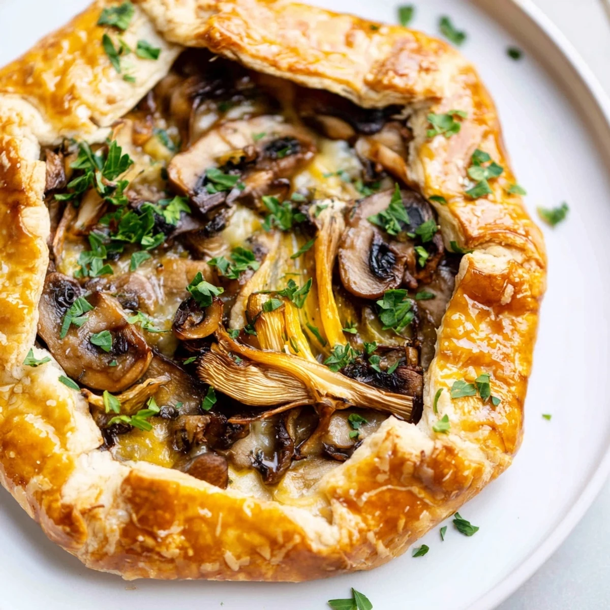 A rustic and warm Savory Mushroom and Onion Galette showcasing flaky crust, filled with glistening mushrooms and caramelized onions.