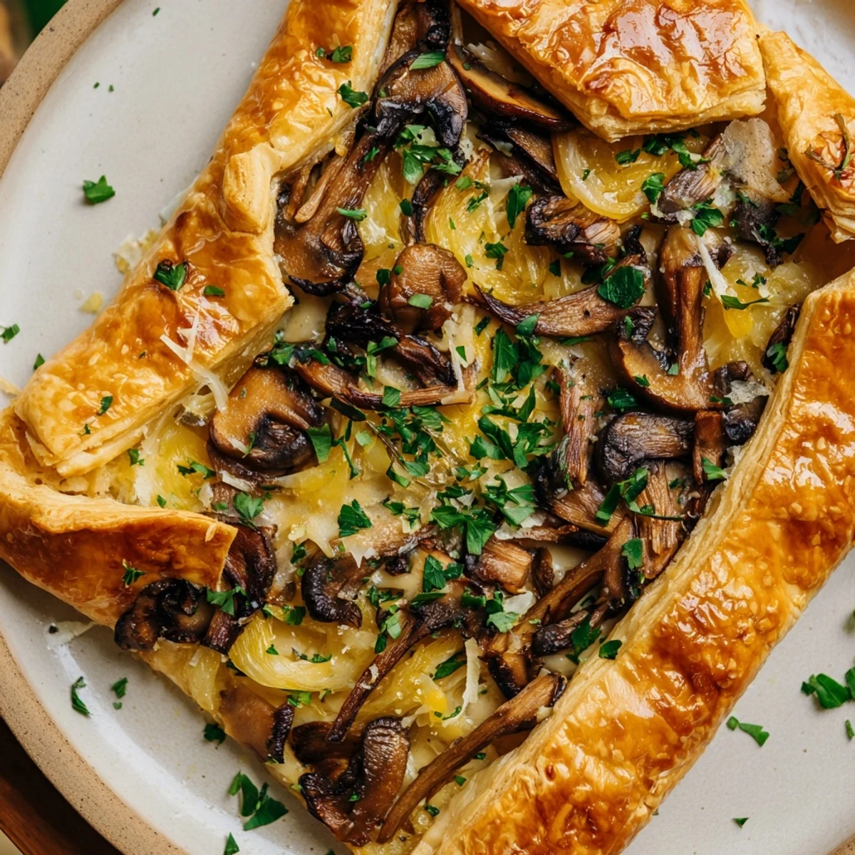 Golden-crusted Savory Mushroom and Onion Galette with a delicious, flavorful mushroom and onion filling.