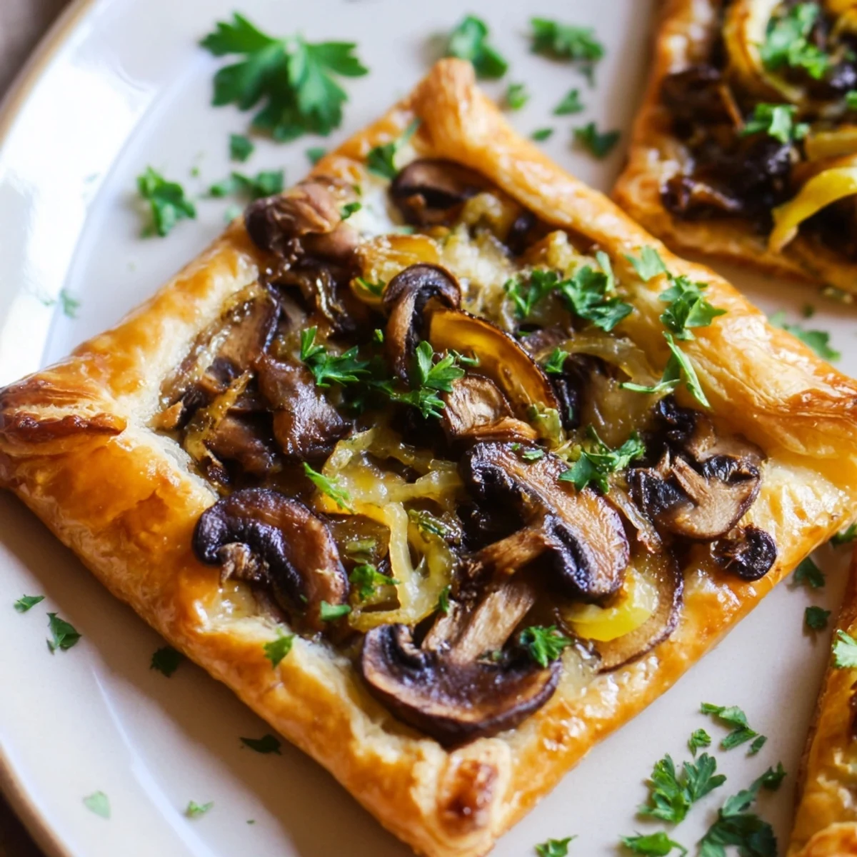 Visualize a perfect slice of Savory Mushroom and Onion Galette: savory filling in a golden, free-form pastry.