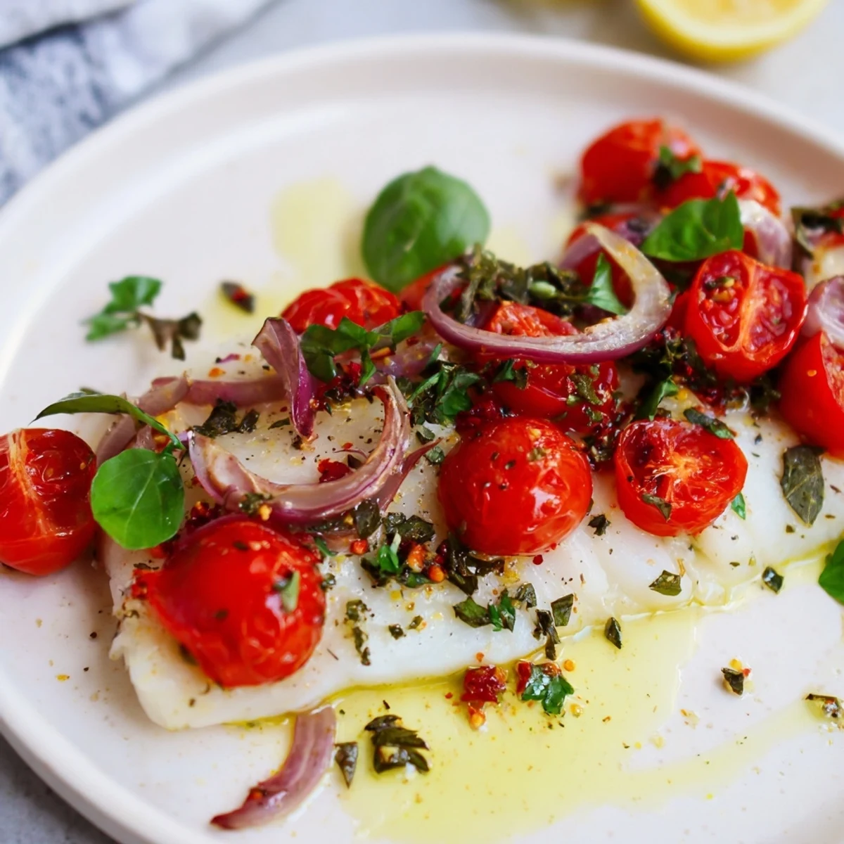 Baked Cod with Cherry Tomatoes sizzling in a baking dish, ready for a delicious dinner.