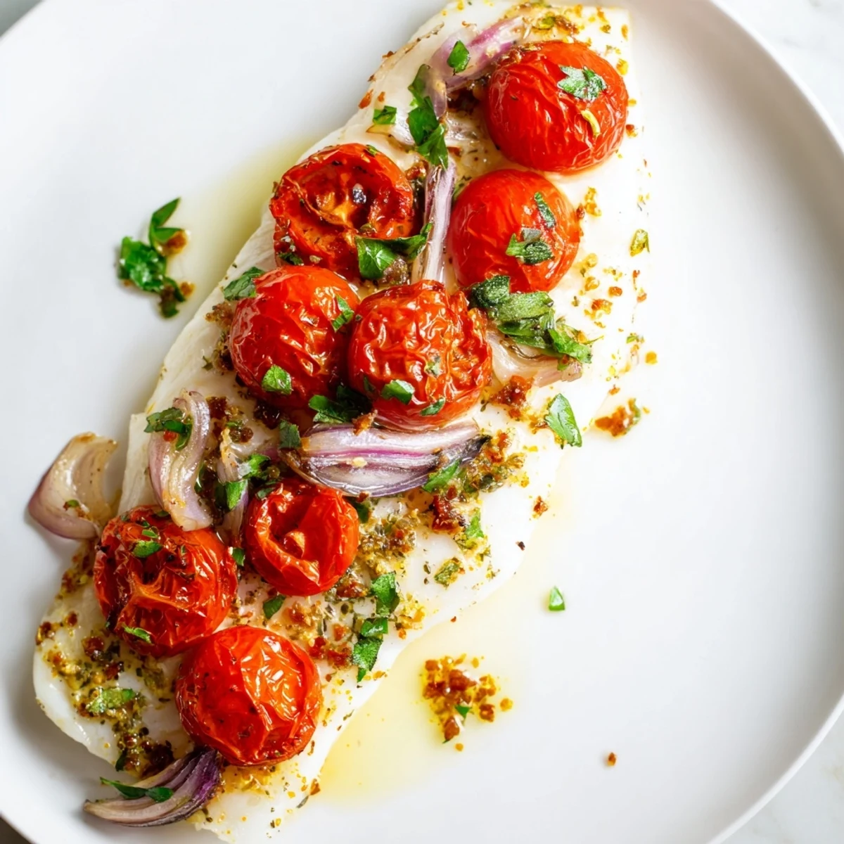 Flavorful Baked Cod with Cherry Tomatoes: imagine tender fish, juicy tomatoes, and vibrant garnishes.