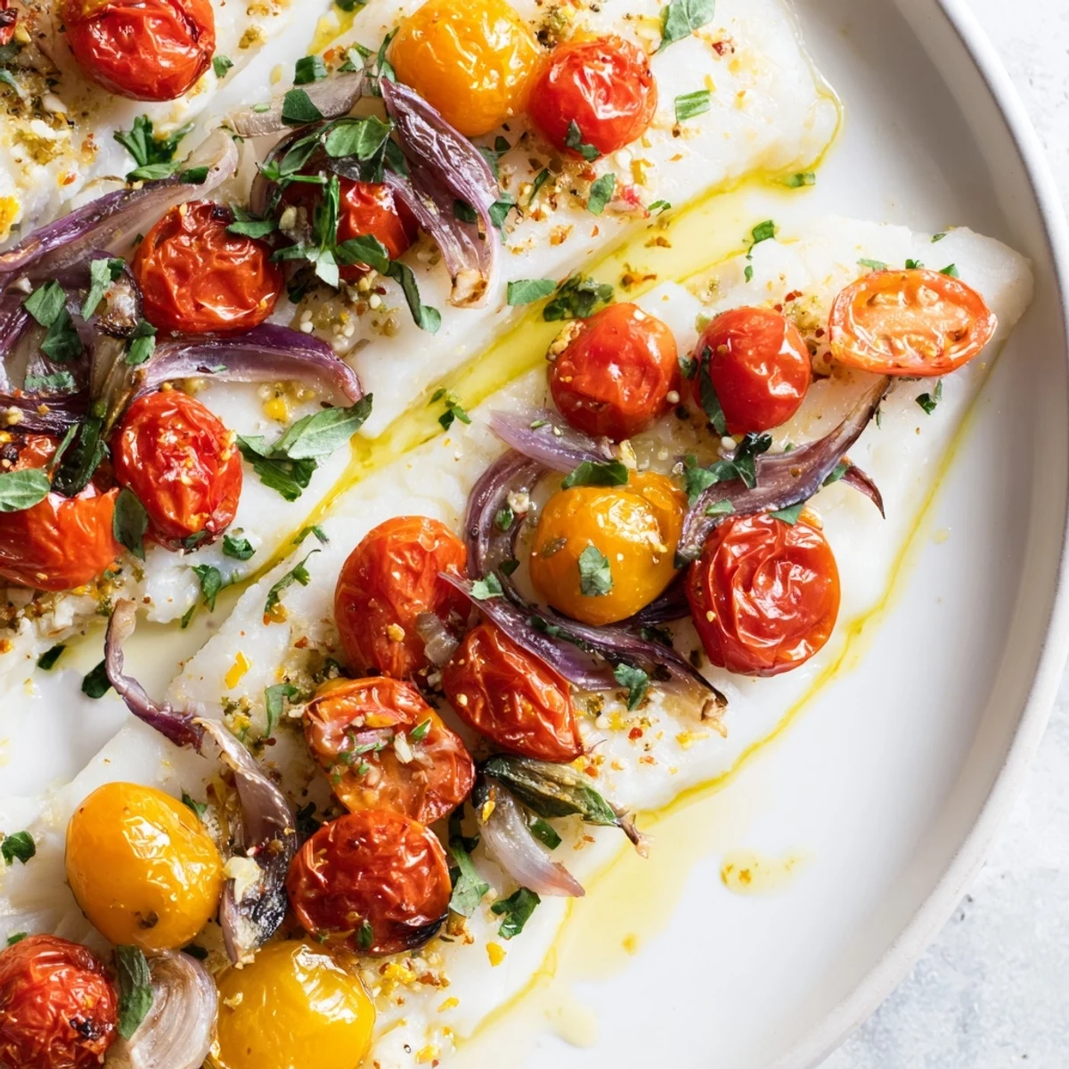 Golden-brown Baked Cod with Cherry Tomatoes, fresh herbs, and a burst of Mediterranean flavors.