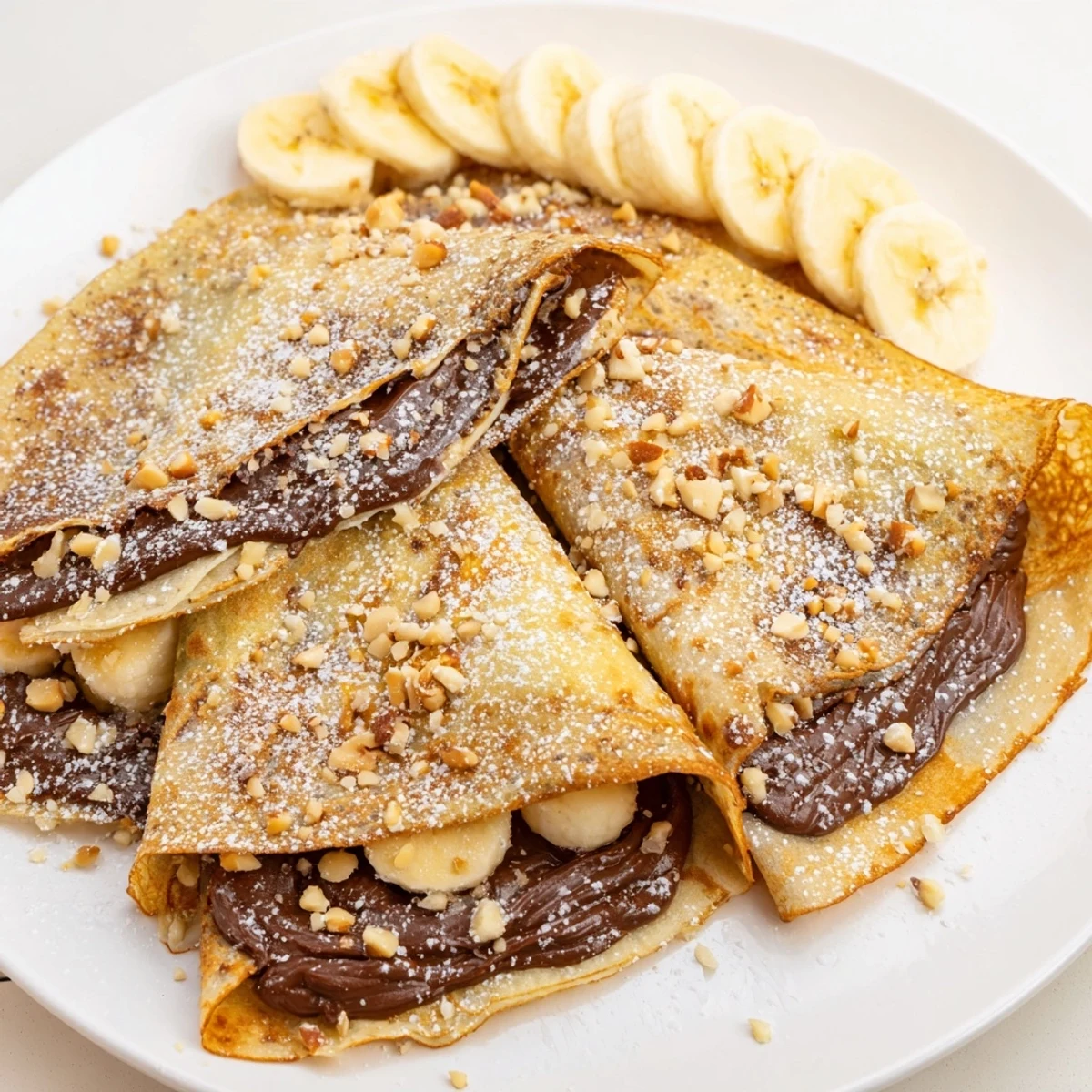 Perfectly thin Chocolate Hazelnut Spread Crepes folded, served with fresh berries, and a sweet flavor.