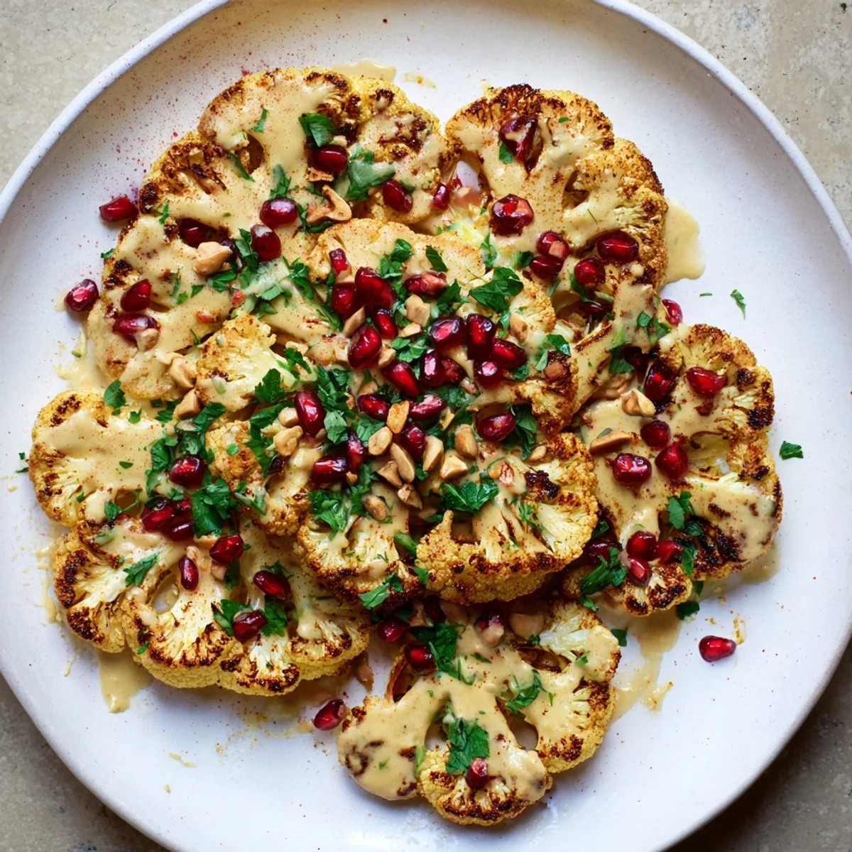 Golden-brown roasted cauliflower steaks, drizzled in creamy tahini sauce, ready to serve.
