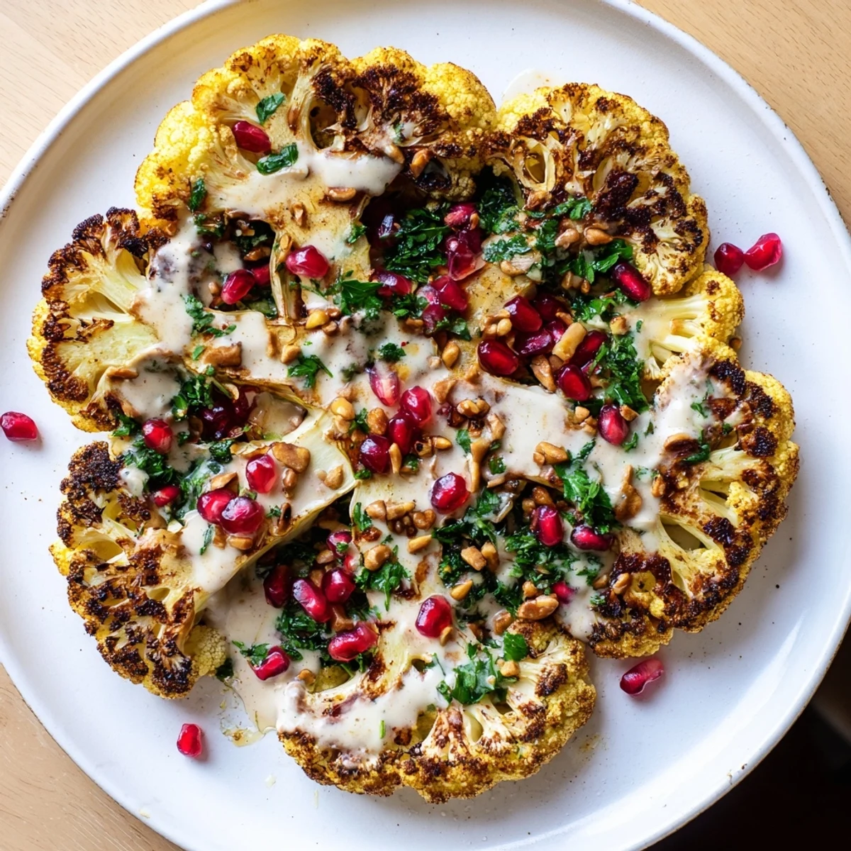 Beautifully roasted cauliflower steaks topped with tahini sauce, parsley, and nuts—a delicious Middle Eastern inspired meal.