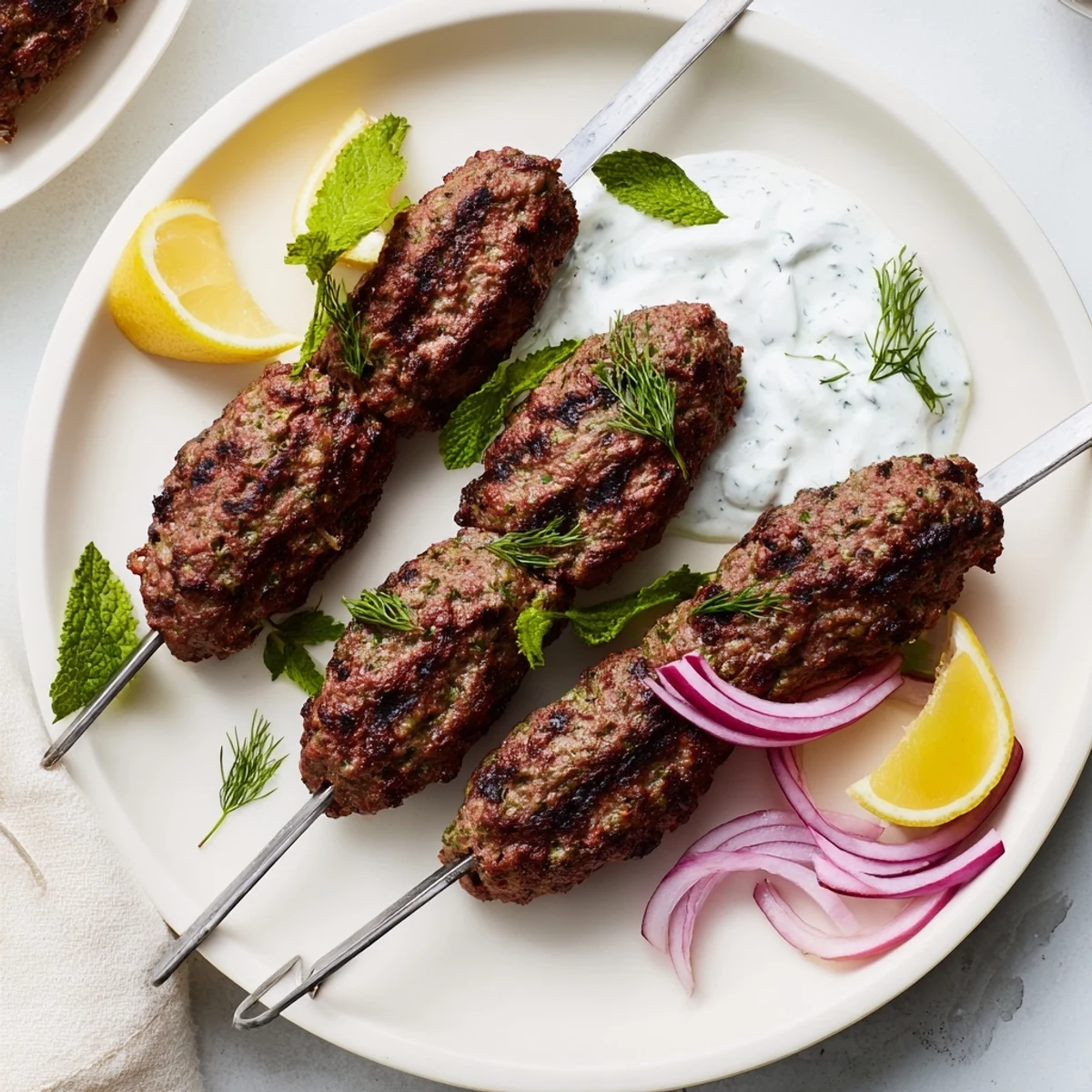 Grilled beef kofta kebabs with vibrant herbs sit beside creamy, cooling yogurt sauce for serving.
