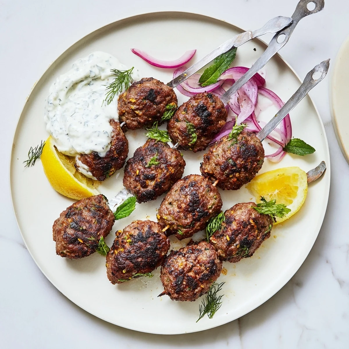 A close-up shows juicy beef kofta kebabs on skewers, drizzled with yogurt sauce and fresh herbs.