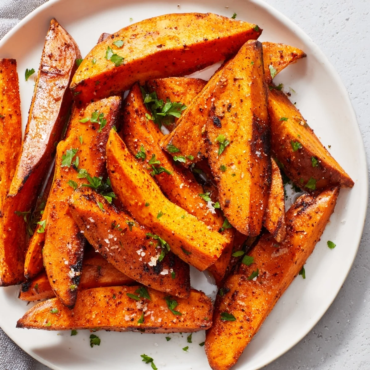 Golden, crispy roasted sweet potato wedges, seasoned with paprika, perfect for a flavorful side.