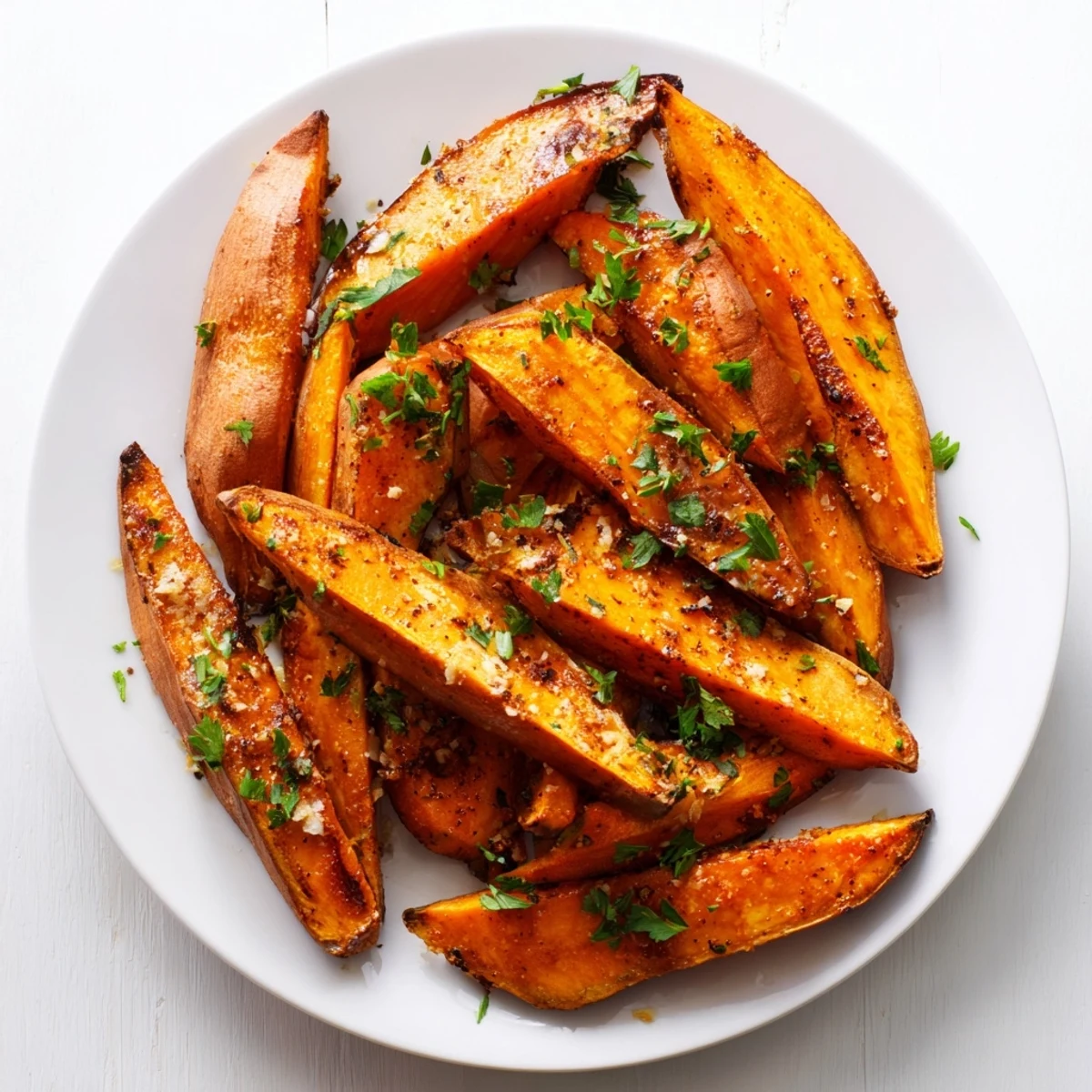 A baking sheet filled with perfectly roasted sweet potato wedges, offering a savory, healthy experience.
