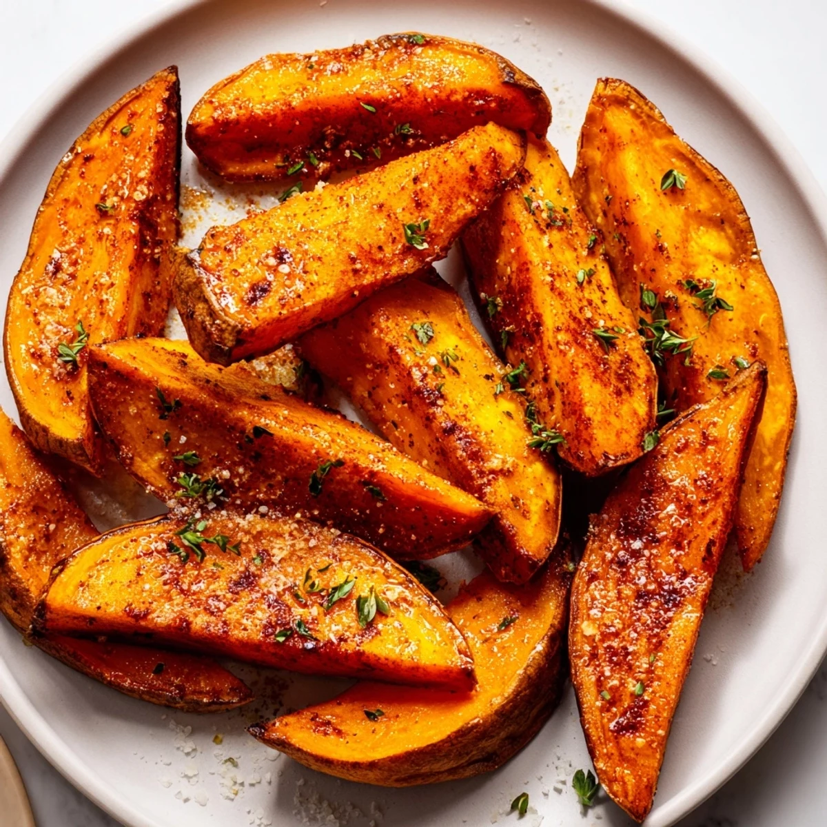 Up-close shot of seasoned roasted sweet potato wedges, ready to serve as a delicious side dish.
