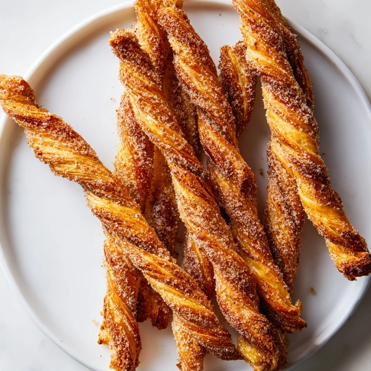 Golden-brown cinnamon sugar puff pastry twists, a sweet and simple dessert treat.