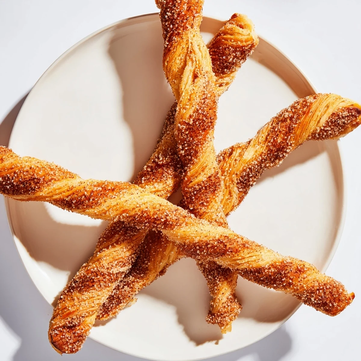Flaky, sugar-crusted cinnamon sugar puff pastry twists, fresh from the oven, ready to enjoy.
