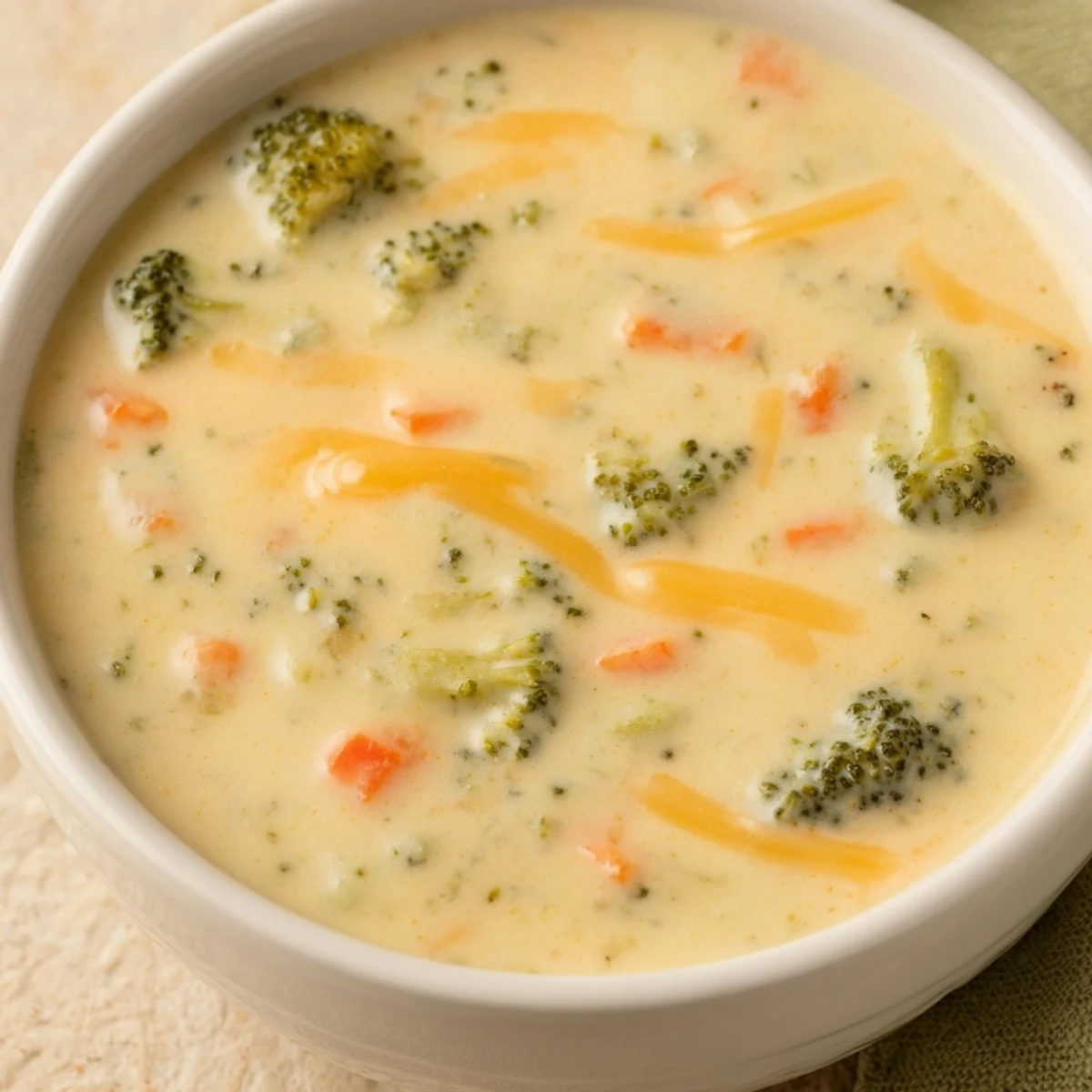 A close-up of a steaming bowl of Creamy Broccoli and Cheese Soup, rich and cheesy.