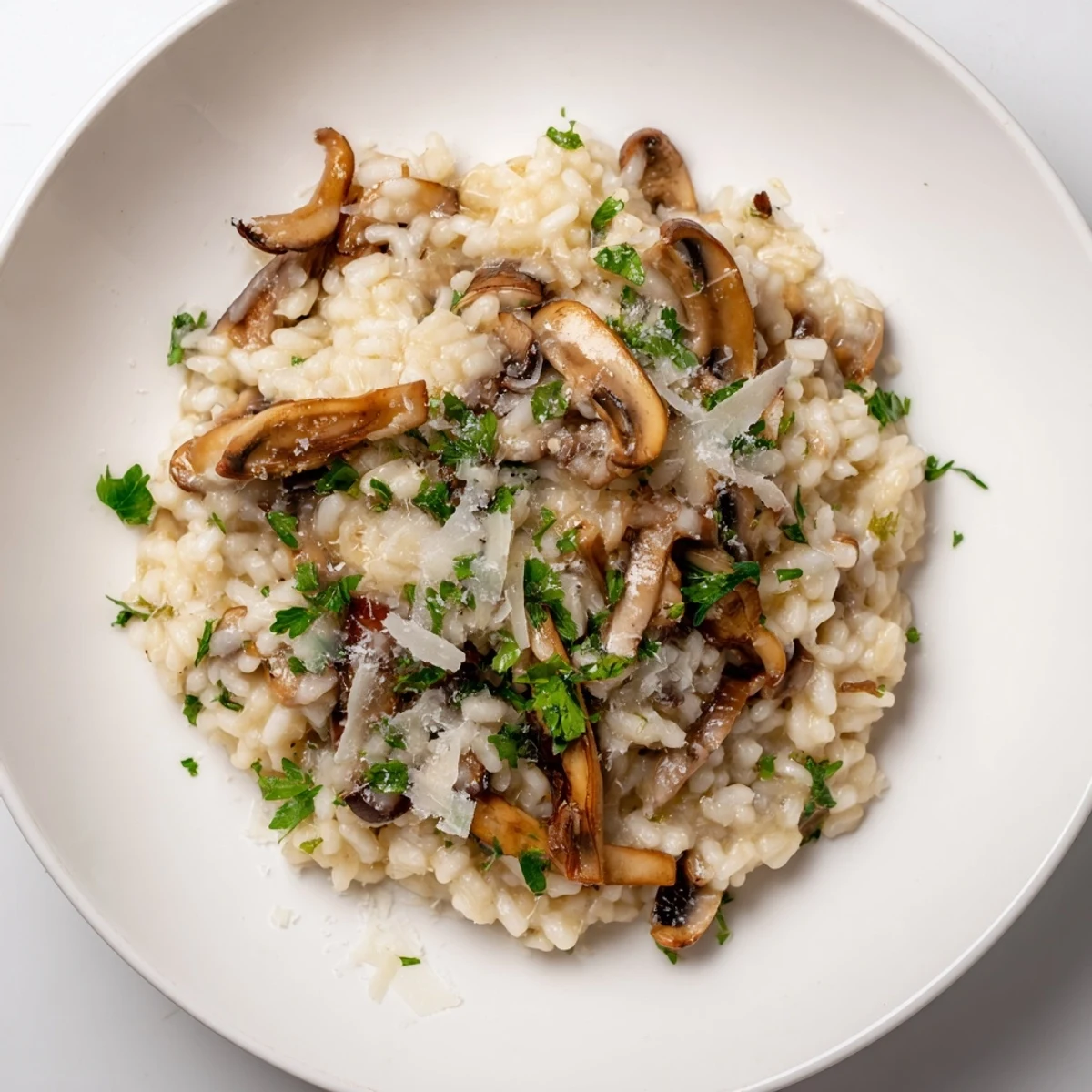 Creamy Savory Mushroom Risotto, garnished with fresh parsley, is ready to serve for dinner.