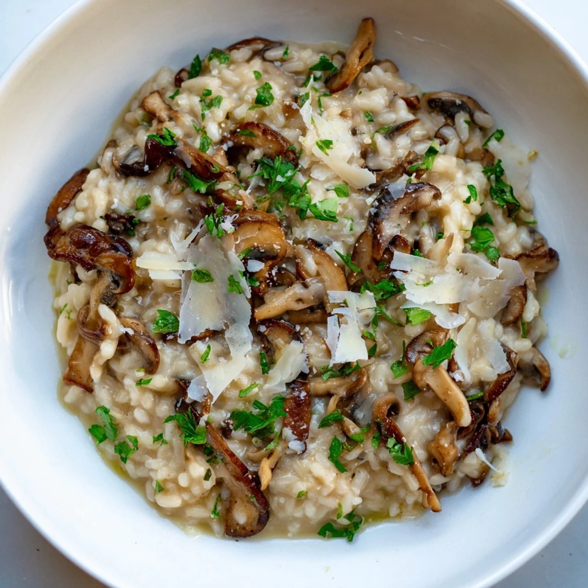 Golden, steaming Savory Mushroom Risotto with Parmesan, a classic Italian rice dish.