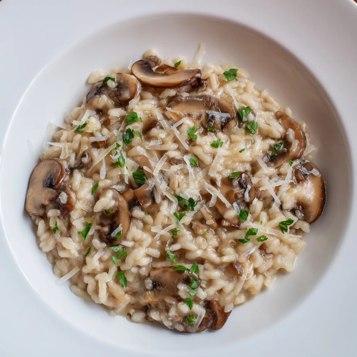 A close-up view of the rich, comforting Savory Mushroom Risotto, a perfect vegetarian meal.