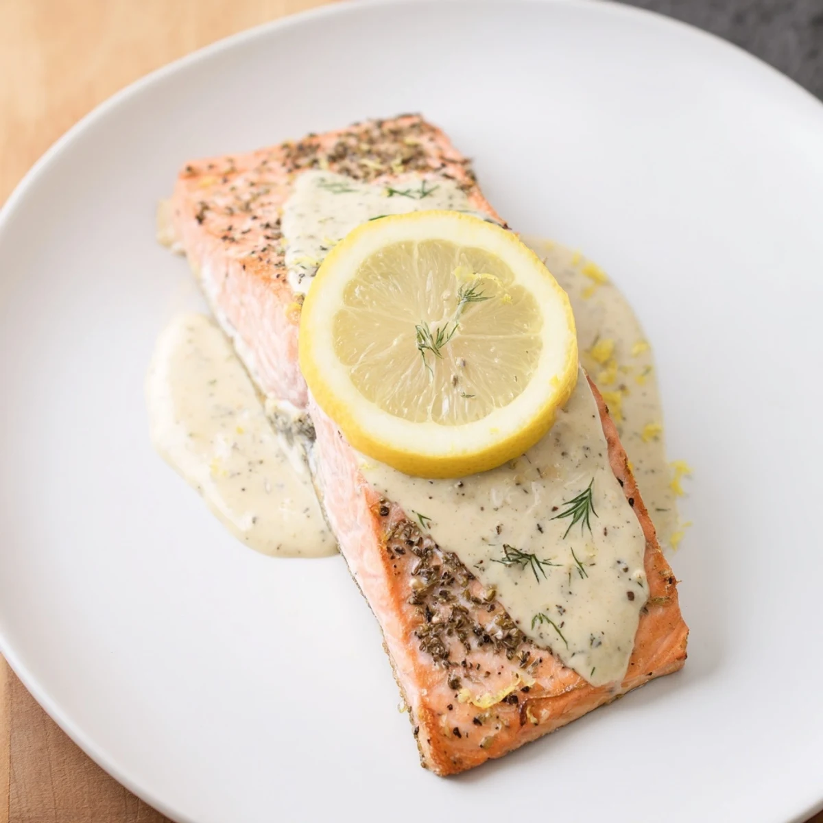 Close-up of baked salmon with lemon dill sauce, showcasing perfectly cooked, tender fish.