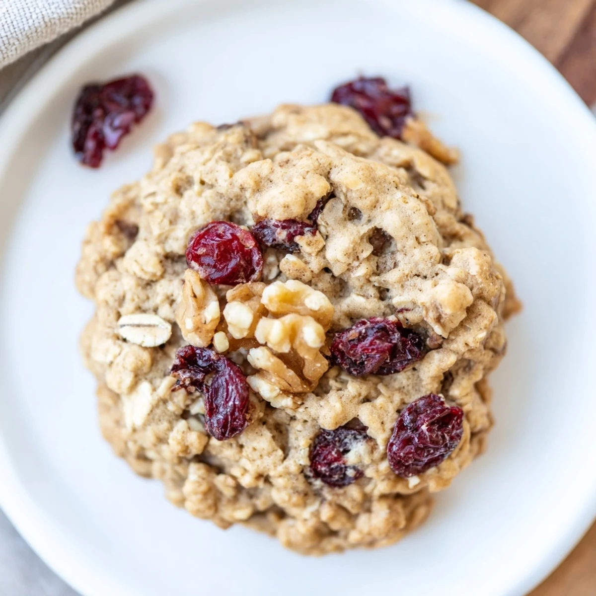 A close-up of delicious Cranberry Walnut Oatmeal Cookies, with visible cranberries and chewy centers.