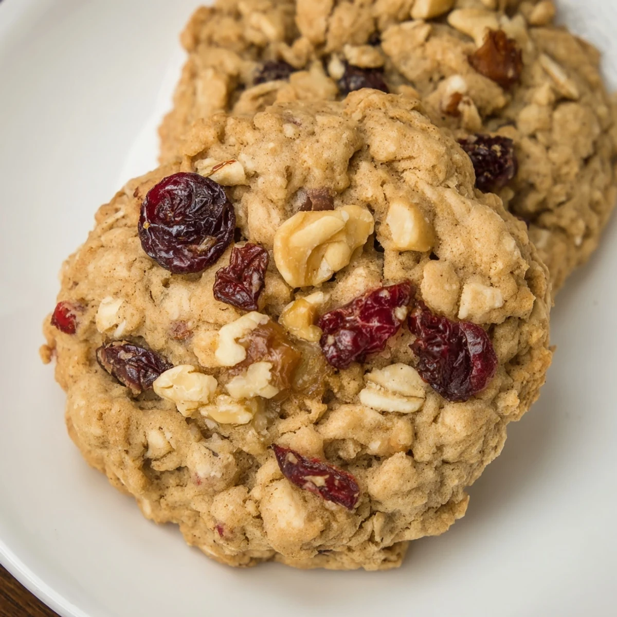 Perfectly baked, slightly crisp Cranberry Walnut Oatmeal Cookies piled up, perfect for sharing and enjoying.