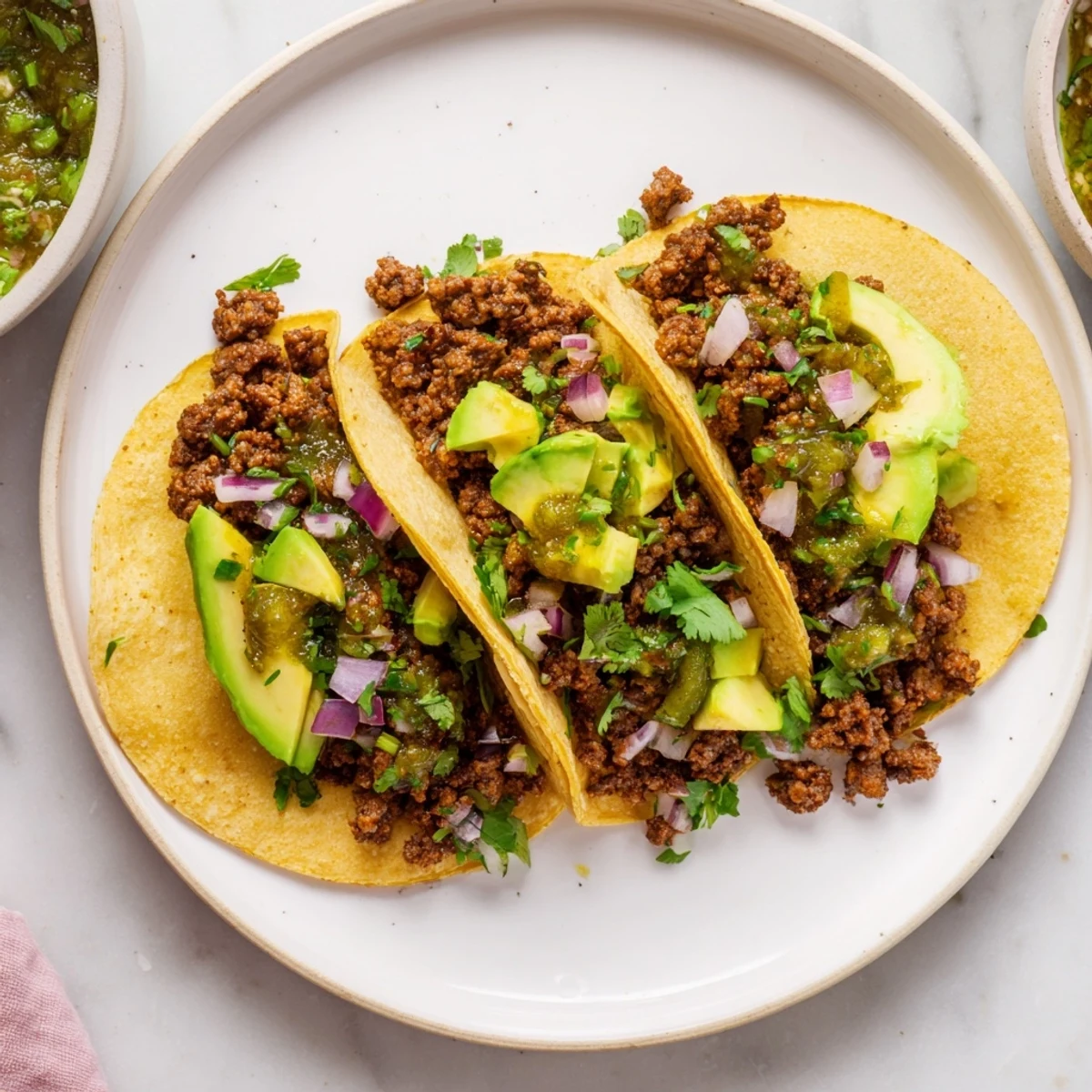 Flavorful beef tacos with rich salsa verde, garnished with fresh cilantro and creamy avocado.
