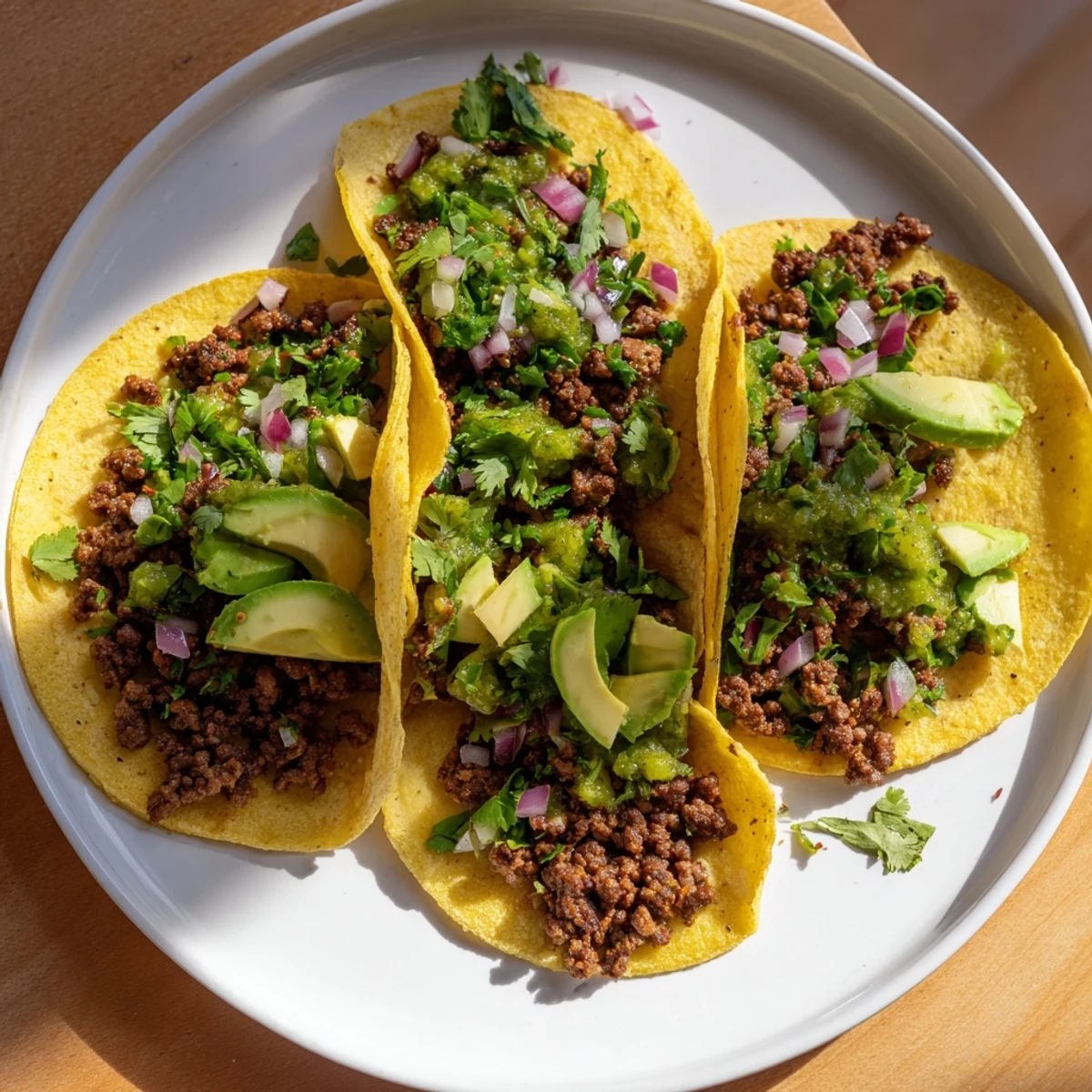 A close-up of sizzling beef tacos, showcasing the vibrant green salsa verde on warm tortillas.