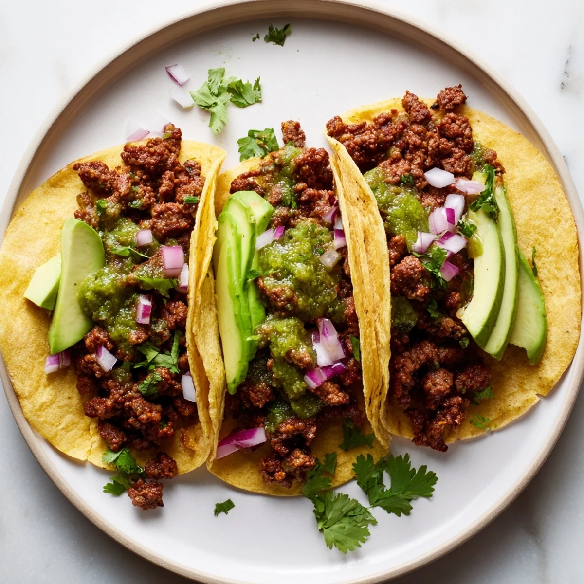 Homemade beef tacos, ready to eat, bursting with savory flavors alongside cooling salsa verde.