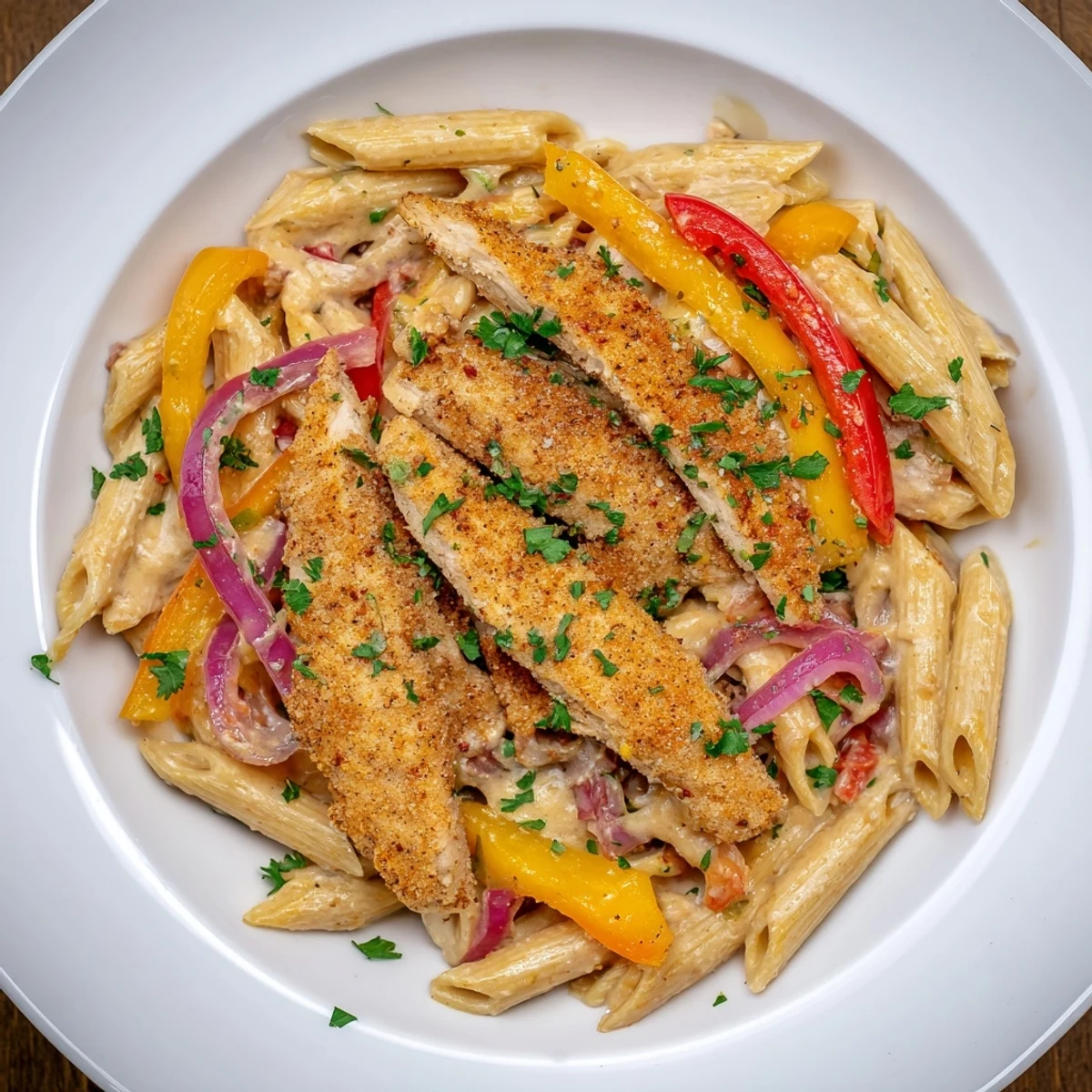 A close-up of Spicy Cajun Chicken Pasta, perfectly plated, ready to savor its Cajun flavors.