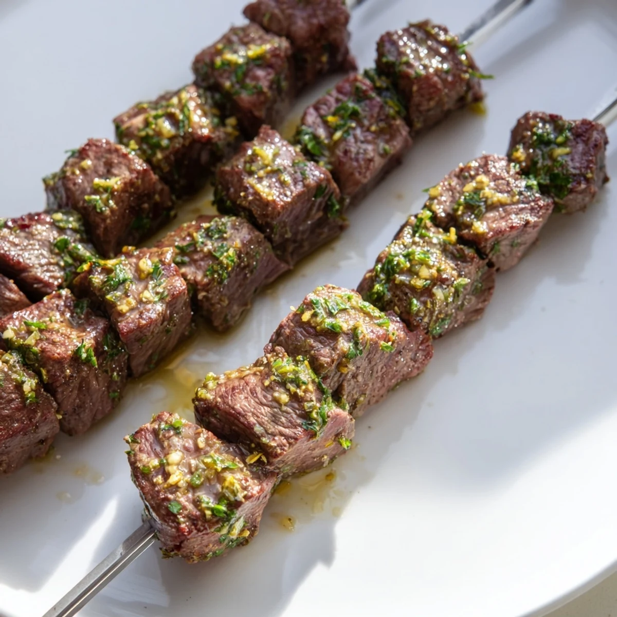Juicy, tender Garlic Butter Steak Skewers drizzled with a rich butter sauce, perfect for grilling.