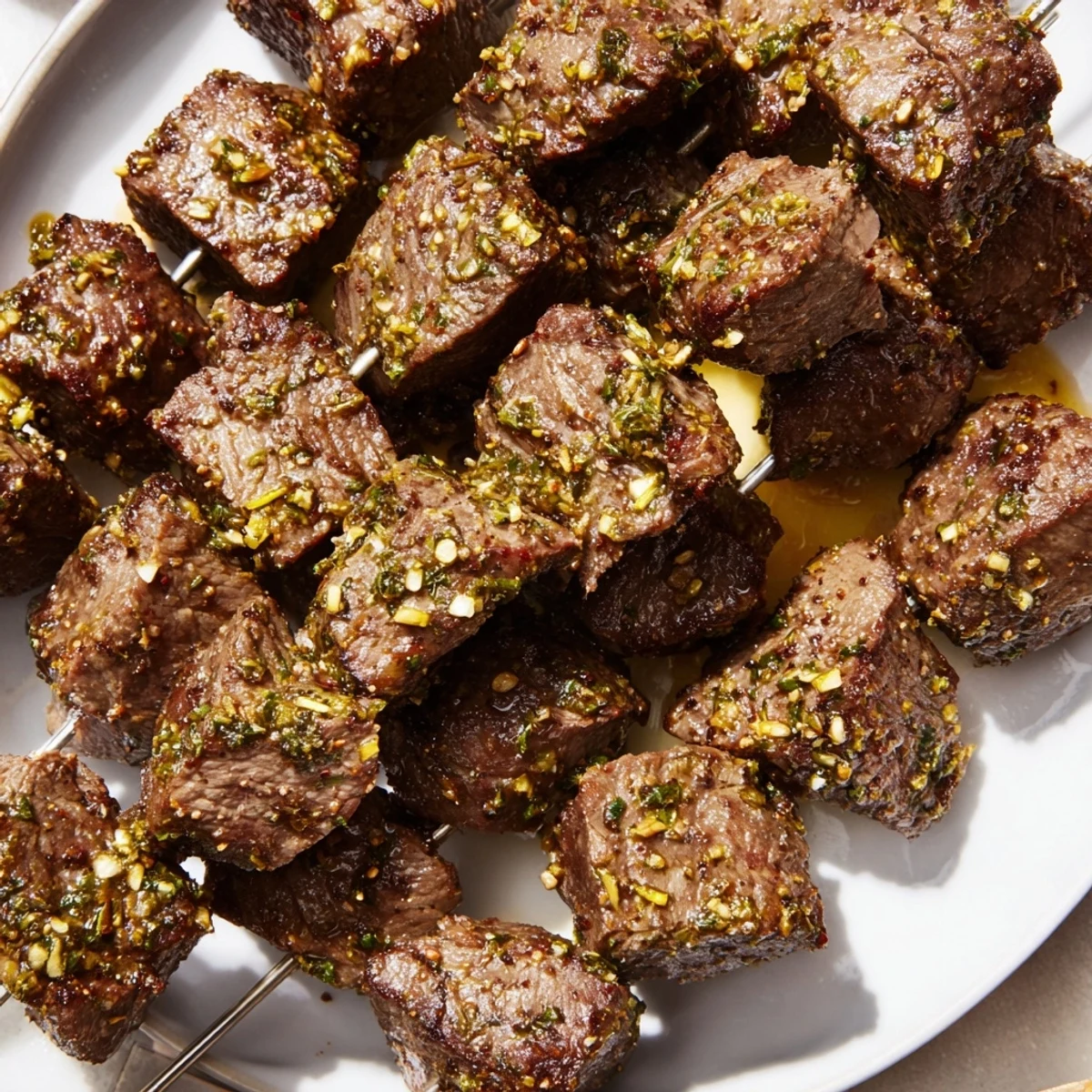 Delicious Grilled Garlic Butter Steak Skewers, boasting smoky char and vibrant parsley garnish, ready to eat.