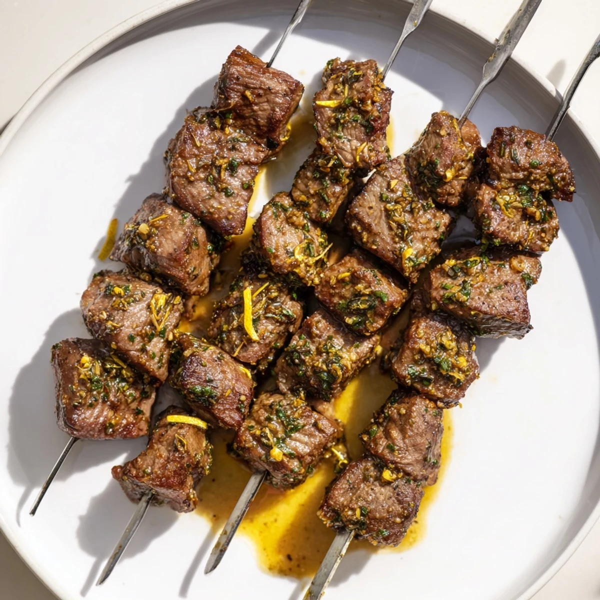 Close-up shot shows flavorful Garlic Butter Steak Skewers, sizzling from the grill, ideal for a summer meal.