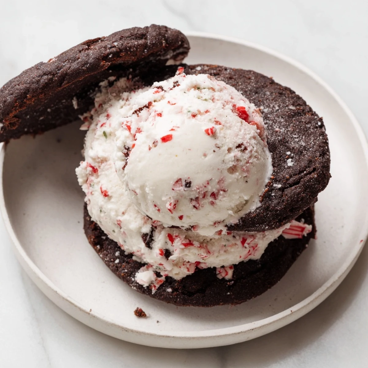 Creamy peppermint ice cream sandwiches nestled between rich, dark chocolate cookies, ready to eat.