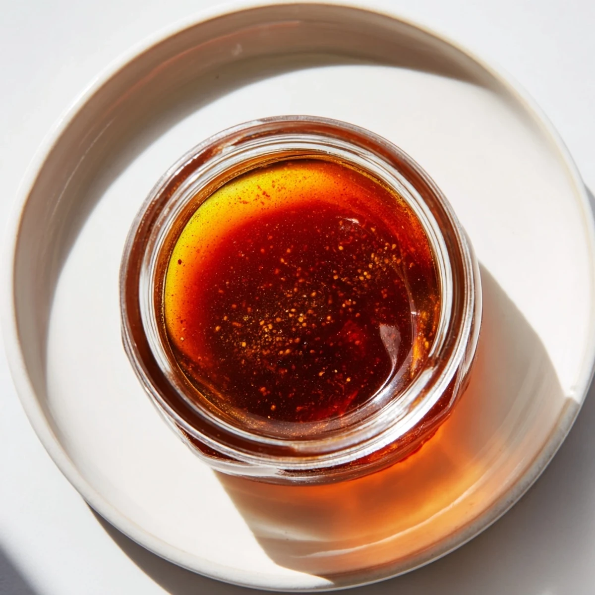 A close-up of glossy gingerbread spice syrup in a glass jar, perfect for fall flavors.