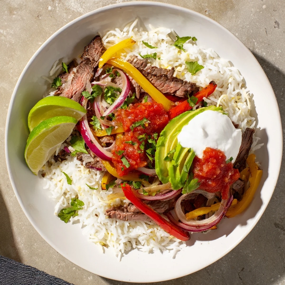 A colorful Beef Fajita Bowl with sizzling steak, peppers, and onions, ready to be enjoyed.