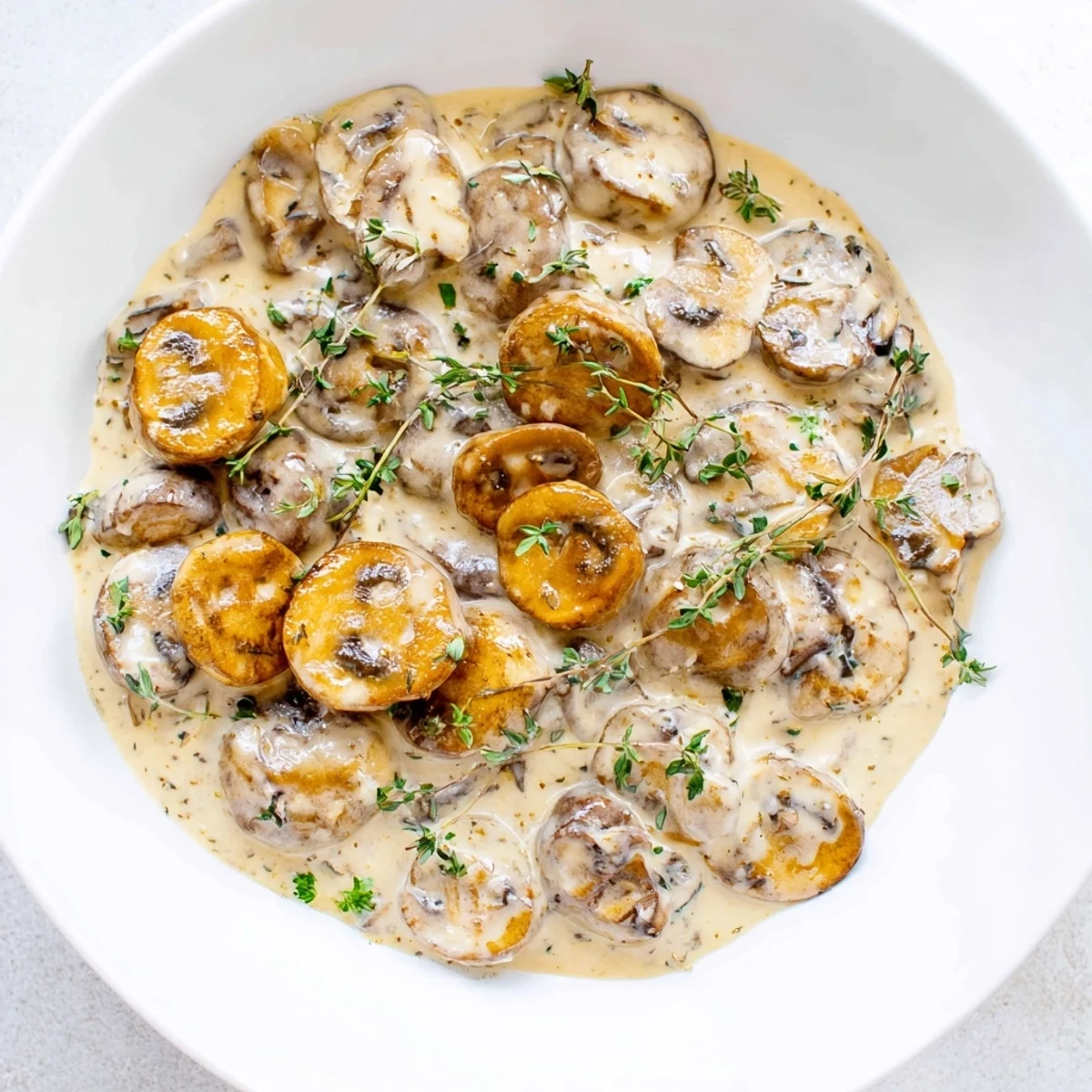Sizzling skillet of Creamy Garlic Mushroom Sauce, showcasing tender mushrooms and a savory aroma.