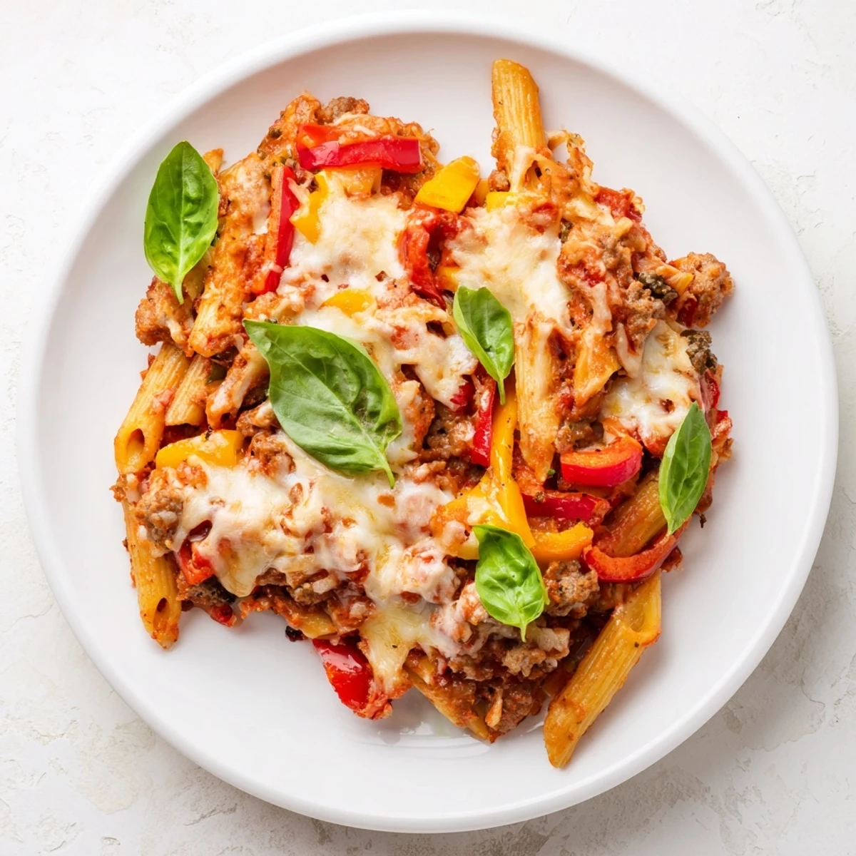 Delicious baked ziti with sausage crumbles, golden mozzarella, and bubbling melted cheese, ready to serve.