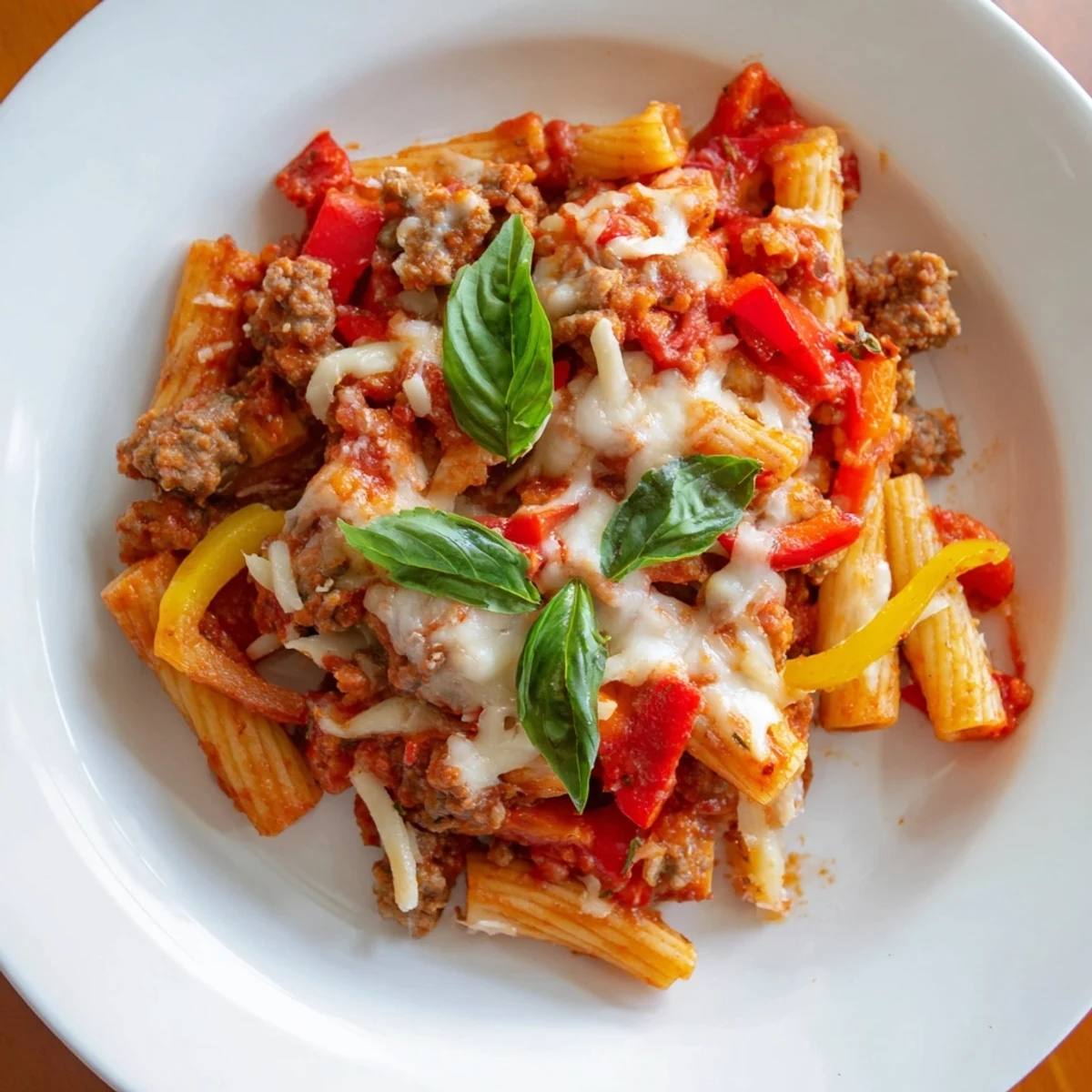 Warm baked ziti with sausage crumbles, topped with melted cheese, promising a comforting Italian meal.