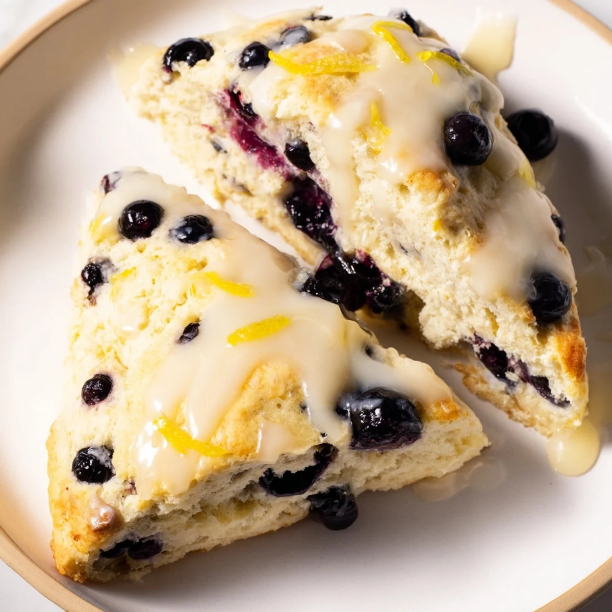 A close-up of flaky Lemon Blueberry Scones, showcasing plump blueberries and a sweet glaze drizzle.