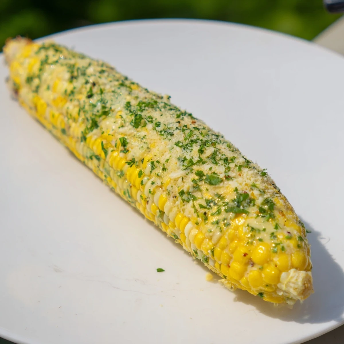 Golden garlic butter roasted corn, ready to eat, with fresh herbs and Parmesan sprinkled on top.